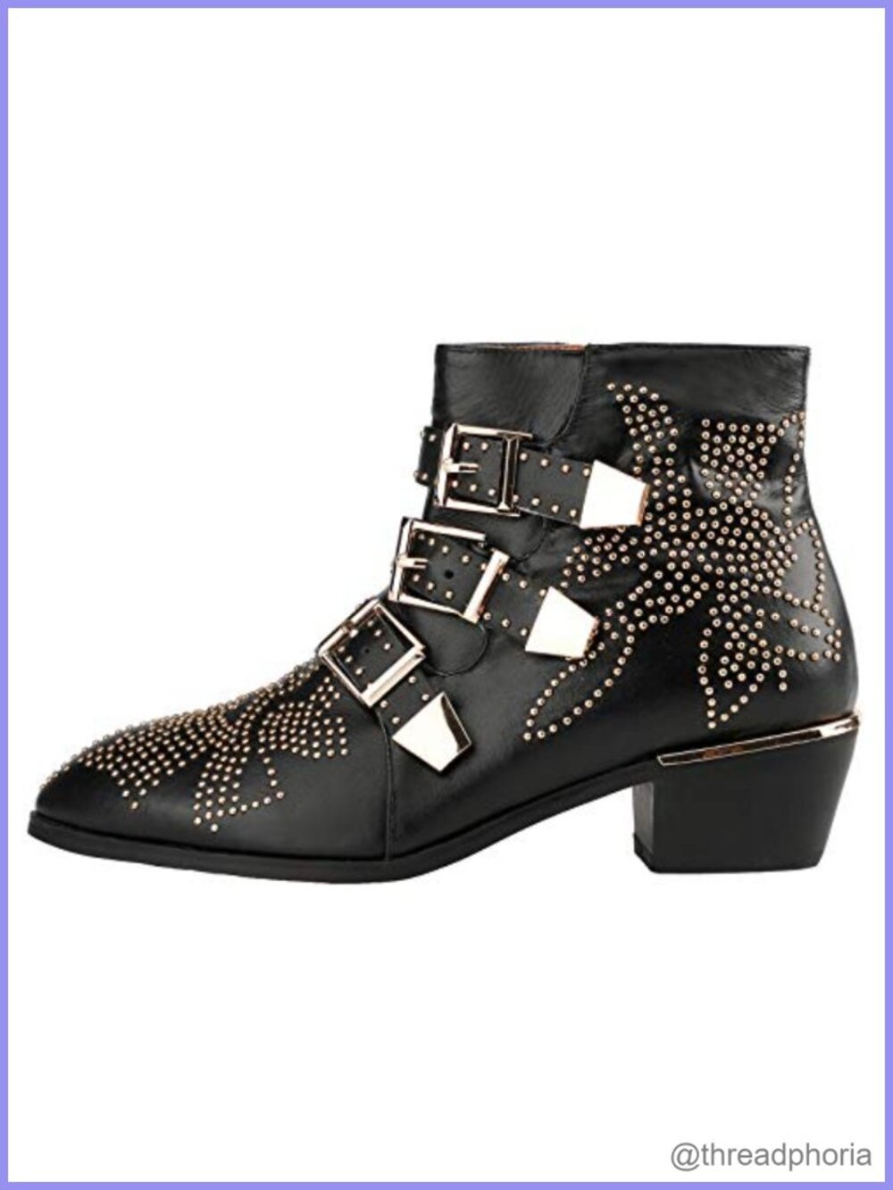 Studded Leather Ankle Boots Chunky Heel Buckle Zip Booties